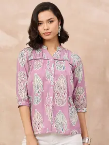 all about you Women Floral Printed Mandarin Collar Cotton Top