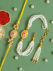 ahoora Set Of 2 Kundan Studded & Pearls Beaded Bhaiya Bhabhi Bracelet Rakhi Roli Chawal