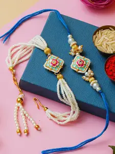 ahoora Set Of 2 Kundan Studded & Pearls Beaded Bhaiya Bhabhi Bracelet Rakhi Roli Chawal