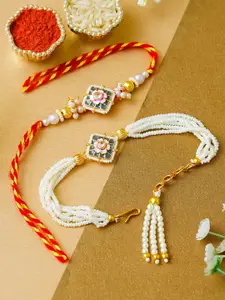 ahoora Set Of 2 Kundan Studded & Pearls Beaded Bhaiya Bhabhi Bracelet Rakhi Roli Chawal