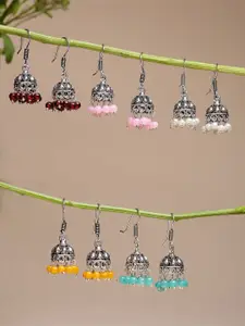 Sangria Set Of 5 German Silver-Plated Artificial Beaded Oxidised Dome Shaped Jhumkas