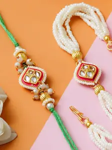 ahoora Set Of 2 Kundan Studded & Pearls Beaded Bhaiya Bhabhi Bracelet Rakhi Roli Chawal
