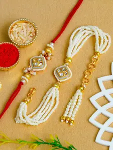 ahoora Set Of 2 Kundan Studded & Pearls Beaded Bhaiya Bhabhi Bracelet Rakhi Roli Chawal