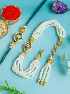 ahoora Set Of 2 Kundan Studded & Pearls Beaded Bhaiya Bhabhi Bracelet Rakhi Roli Chawal