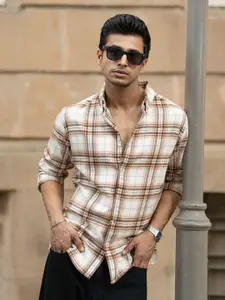 Powerlook Men Tartan Checked Spread Collar Cotton Casual Shirt