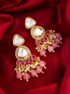 aadita Gold-Plated Kundan Studded And Pearls Beaded Contemporary Drop Earrings