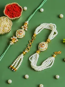 ahoora Set Of 2 Kundan Studded & Pearls Beaded Bhaiya Bhabhi Bracelet Rakhi Roli Chawal