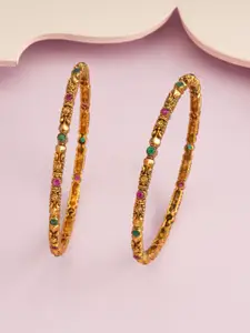 Kushal's Fashion Jewellery Set Of 2 Ruby-Green Gold-Plated Ethnic Antique Bangles