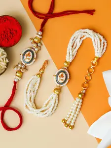 ahoora Set Of 2 Kundan Studded & Pearls Beaded Bhaiya Bhabhi Bracelet Rakhi Roli Chawal