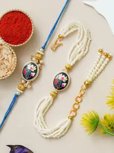 ahoora Set Of 2 Kundan Studded & Pearls Beaded Bhaiya Bhabhi Bracelet Rakhi Roli Chawal