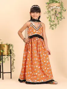 Cutiekins Girls Floral Printed Cotton Gota Patti Ready to Wear Lehenga, Choli With Dupatta