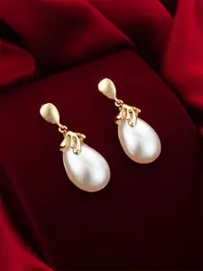 aadita Gold-Plated Pearls Beaded Teardrop Shaped Drop Earrings