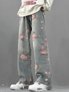 StyleCast x Revolte Men Printed Relaxed Fit Mid-Rise Light Fade Jeans