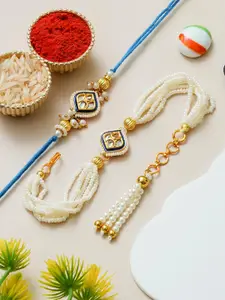 ahoora Set Of 2 Kundan Studded & Pearls Beaded Bhaiya Bhabhi Bracelet Rakhi Roli Chawal