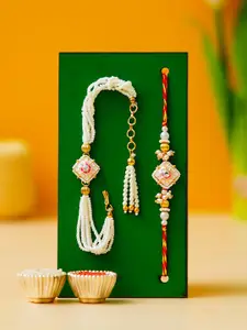ahoora Set Of 2 Kundan Studded & Pearls Beaded Bhaiya Bhabhi Bracelet Rakhi Roli Chawal