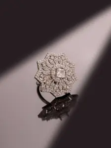 Voylla Rhodium-Plated Sparkling Elegance Crystal Crown American Diamond Finger Ring
