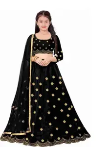 F Plus Fashion Girls Black Embroidered Semi-Stitched Lehenga Choli With Dupatta