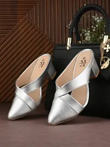 KARADDI Women Textured Pointed Toe Block Heels Mules