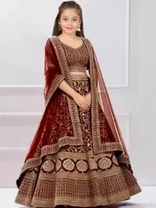 F Plus Fashion Girls Lehenga Girls Embellished Maroon Semi-Stitched Lehenga Blouse With Dupatta