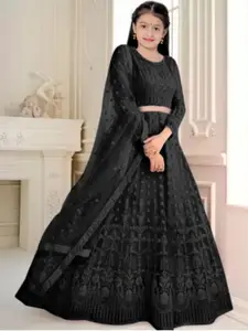 F Plus Fashion Girls Black Embroidered Semi-Stitched Lehenga Choli With Dupatta