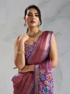 Rekha Maniyar Floral Printed Woven Design Zari Border Pure Chiffon Saree with Blouse Piece
