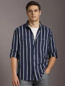 Louis Philippe Jeans Slim Fit Vertical Striped Spread Collar Cotton Casual Shirt