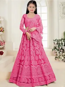 F Plus Fashion Girls Embellished Pink Semi-Stitched Lehenga Blouse With Dupatta