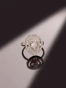 Voylla Rhodium-Plated Sparkling Elegance Mooncourt American Diamond-Studded Finger Ring