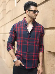 Powerlook Men Tartan Checked Spread Collar Cotton Casual Shirt
