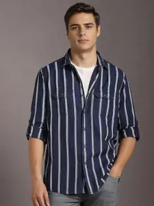 Louis Philippe Jeans Slim Fit Vertical Striped Spread Collar Cotton Casual Shirt