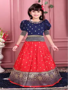 Lagorii Girls Woven Design Puffed Sleeves Mirror Work Silk Ready to Wear Lehenga & Blouse