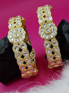 T4 JEWELS Pack of 2 Women's Kundan Studded Gold Pleated Bangles