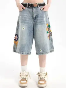 StyleCast x Revolte Men Loose Fit Floral Applique Denim Shorts