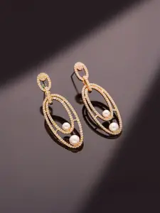 Voylla Sparkling Elegance Twin Pearl American Diamond Oval Drop Earrings