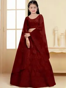 F Plus Fashion Girls Maroon Embroidered Semi-Stitched Lehenga Choli With Dupatta