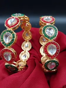 T4 JEWELS Gold Plated Set of 2 Multi Colour Kundan Studded Bangles