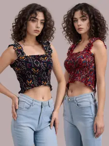 BAESD Women Pack of 2 Smocked Detailed Square Neck Fitted Crop Top
