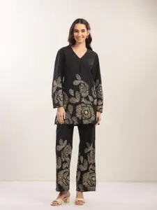 JISORA Printed V Neck Cotton Top With Trousers Co-Ords