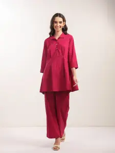 JISORA Printed Shirt Collar Neck Cotton Top With Trousers Co-Ords