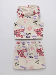 taffykids Girls Printed Hooded Pure Cotton Top With Skirt