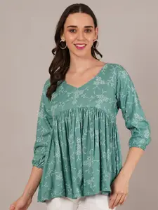 Tviksha Fashion Women Floral Printed V-Neck Peplum Regular Top