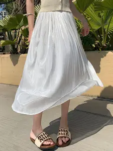 Outzidr Pleated Mesh Flared Midi Skirt