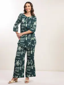 JISORA Printed Round Neck Cotton Top With Trousers Co-Ords