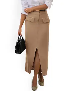 Outzidr Khaki Solid Maxi Pencil Skirt with Cargo Pockets