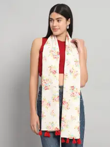 Ravaiyaa Women Hand Block Rose Printed Cotton Tasseled Scarf