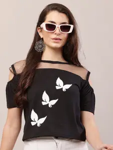 Raabta Fashion Women Conversational Printed Round Neck Cold-Shoulder Sleeves Top