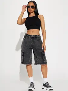 KPOP Women Loose Fit Washed Cargo Jorts Shorts