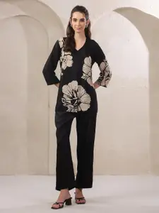JISORA Printed V Neck Cotton Top With Trousers Co-Ords