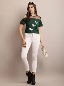 Raabta Fashion Women Graphic Printed Cold-Shoulder Sleeves Semi Sheer Crop Top