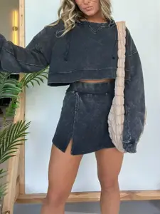 KPOP Black Hooded Long Sleeve Sweatshirt with Skirt Co-Ords